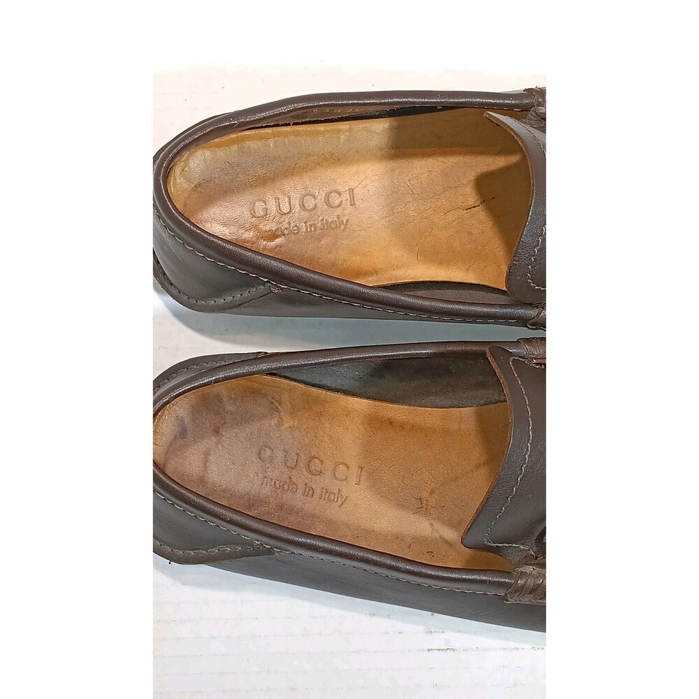 Men's 8.5 🔥 GUCCI Chocolate Brown Leather Driving Loafers Bamboo Horsebit Shoes - Picture 9 of 14
